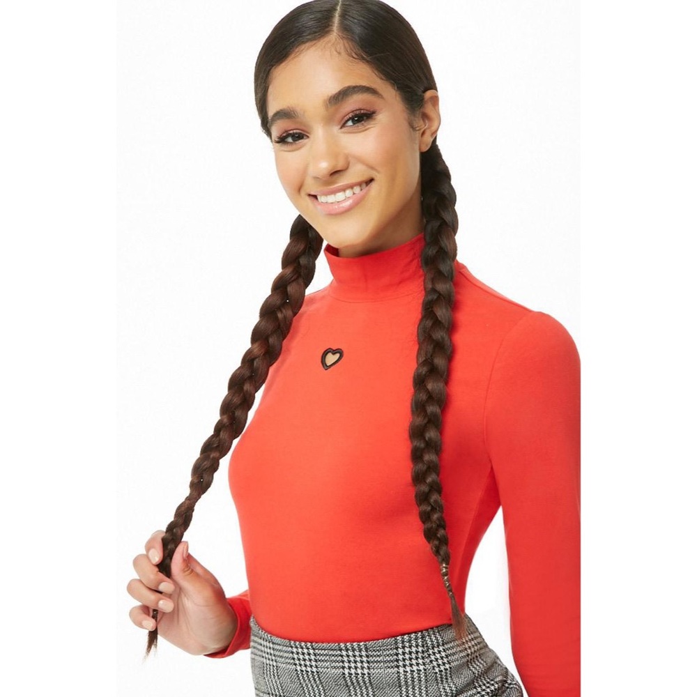Red heart eyelet cutout mock neck shirt